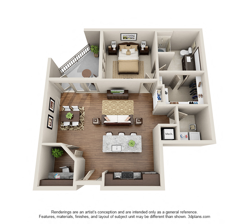 Floor plan for 1 bed, 1 bath, 877 sqft